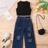 Mädchenmode-Set: Sommer Kinder Freizeit Einfarbig Ärmellos Pullover und Denim Hose Zweiteiliges Set