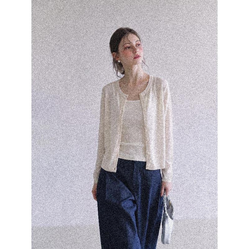French temperament crew neck knitted cardigan women's summer new casual versatile long-sleeved thin top