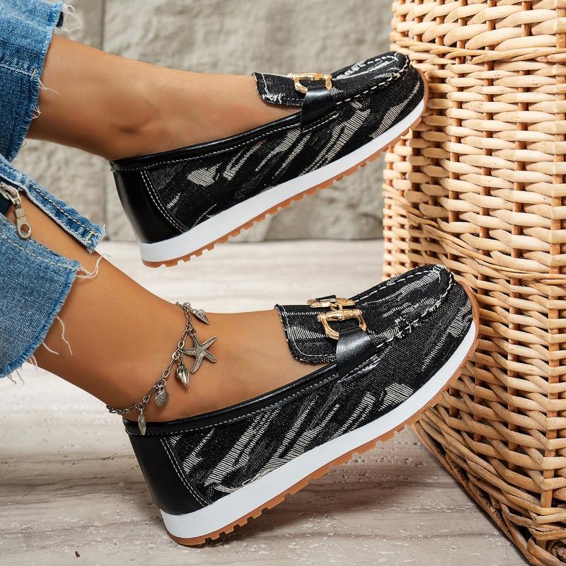 Fashion Women's Fashion Flat Shoes Fall New Round Head Denim Deep Mouth Metal Chain Anti-slip Wear-resistant Low-top Shoes