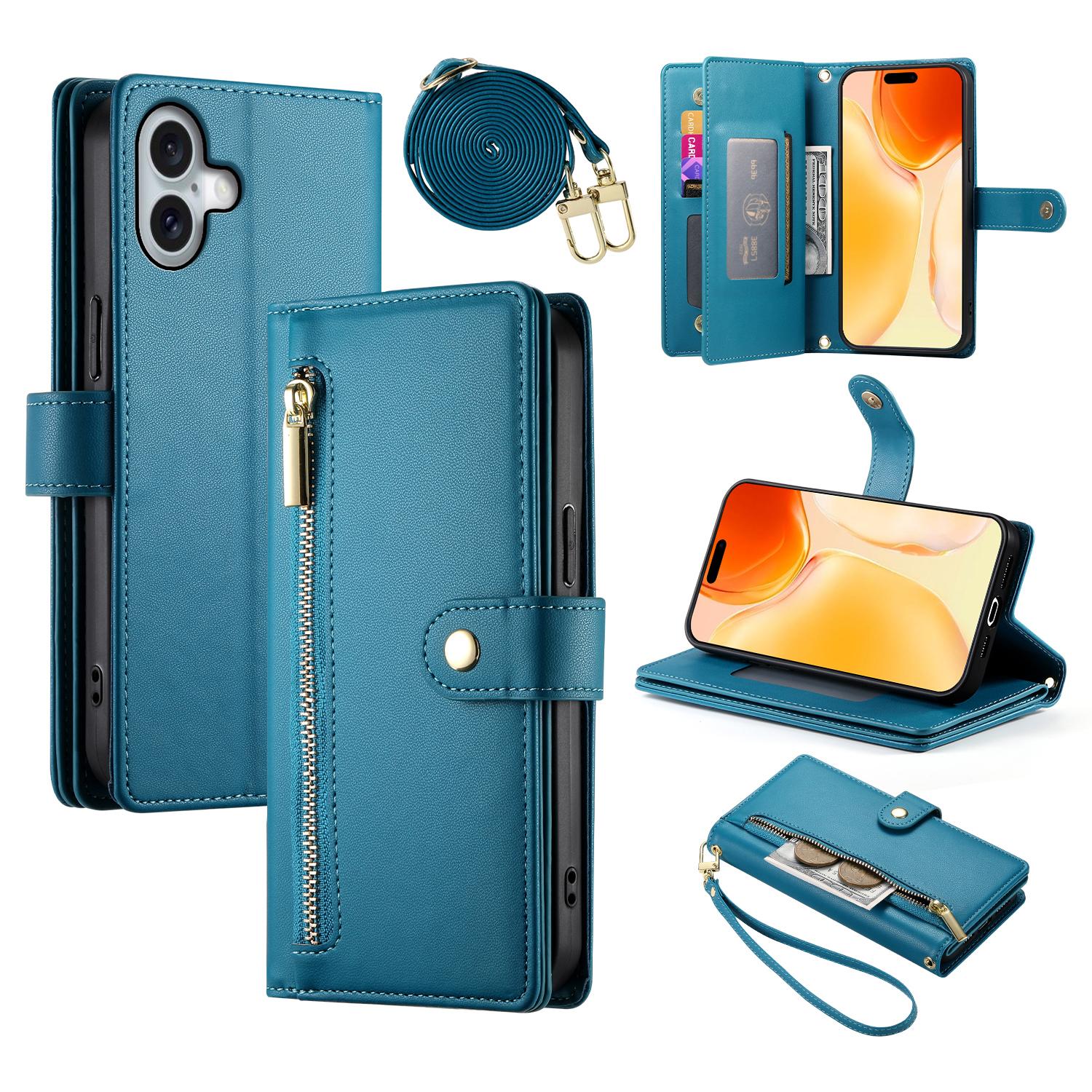 

DF-011 Чехол для iPhone 16 Plus Кожаный кошелек с карманом на молнии Чехол для телефона с ремешками Blue