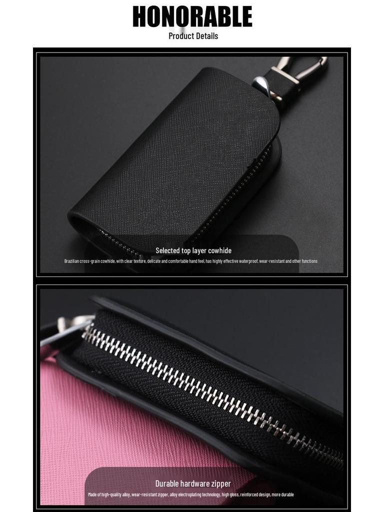 Men's Universal Cowhide Car Key Case with Waist-Mounted Zipper