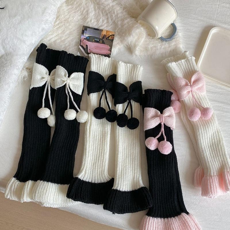 Fashionable Women's Leg Warmers Ribbed Socks Elastic Lace Trim with Cute Bows and Fuzzy Ball Winter Accessories