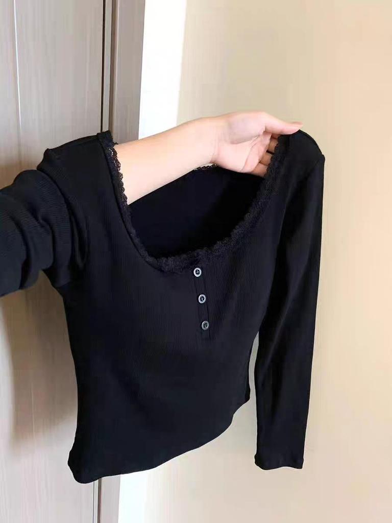 2025 A/W Lace Trim U-Neck Slimming T-Shirt