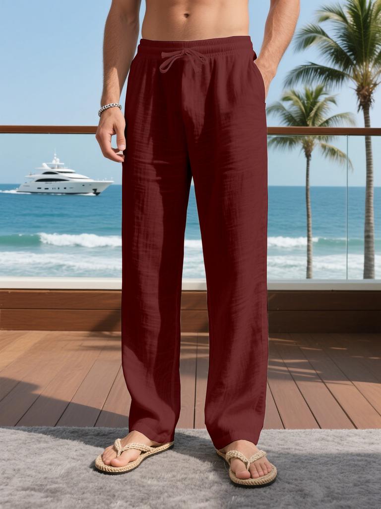 Crazy Muscle Men's Linen Trousers Breathable Straight Loose Drawstring Strap Pants Multi-Color Optional Jogging Pants