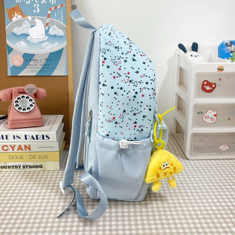 Star Print Backpack with Front Pocket and Side Drawstring Pockets for School and Casual Use