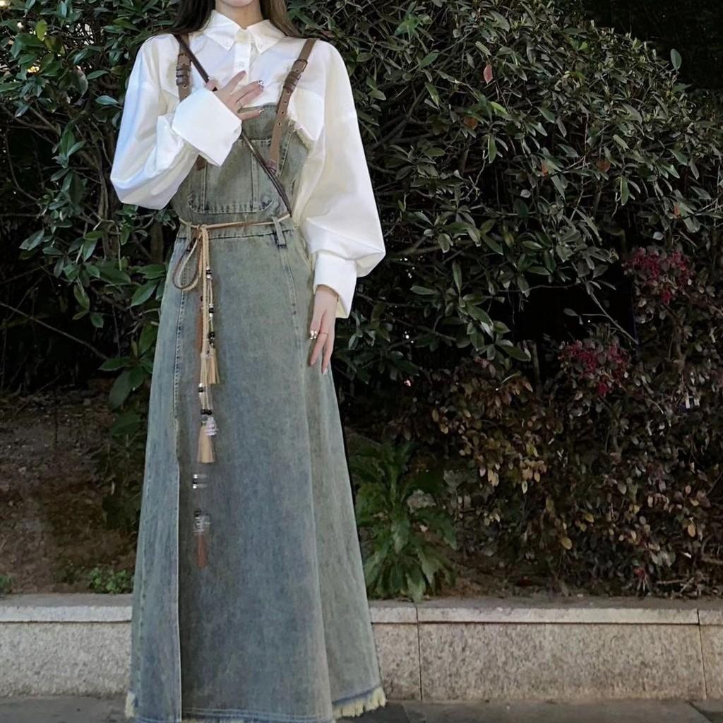 Denim Overall Dress For Women Summer Water Wash Slim Fit With Waist Tie For Casual And Travel