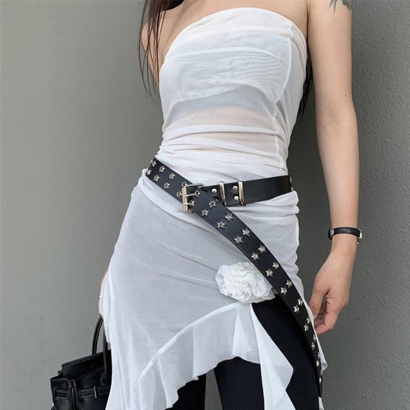 PU Belt Adjustable Double Row Star Grommet Waist Belt Woman Jeans Dresses Skirt Coat Decors Motorcycle Western Belt