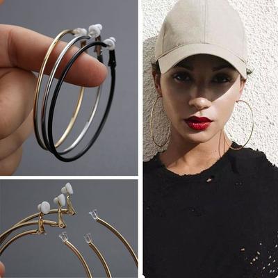 Female Girl Gold Silver Black Women Fashion Big Circle Earrings Hoops Without Piercing Clip On Ear