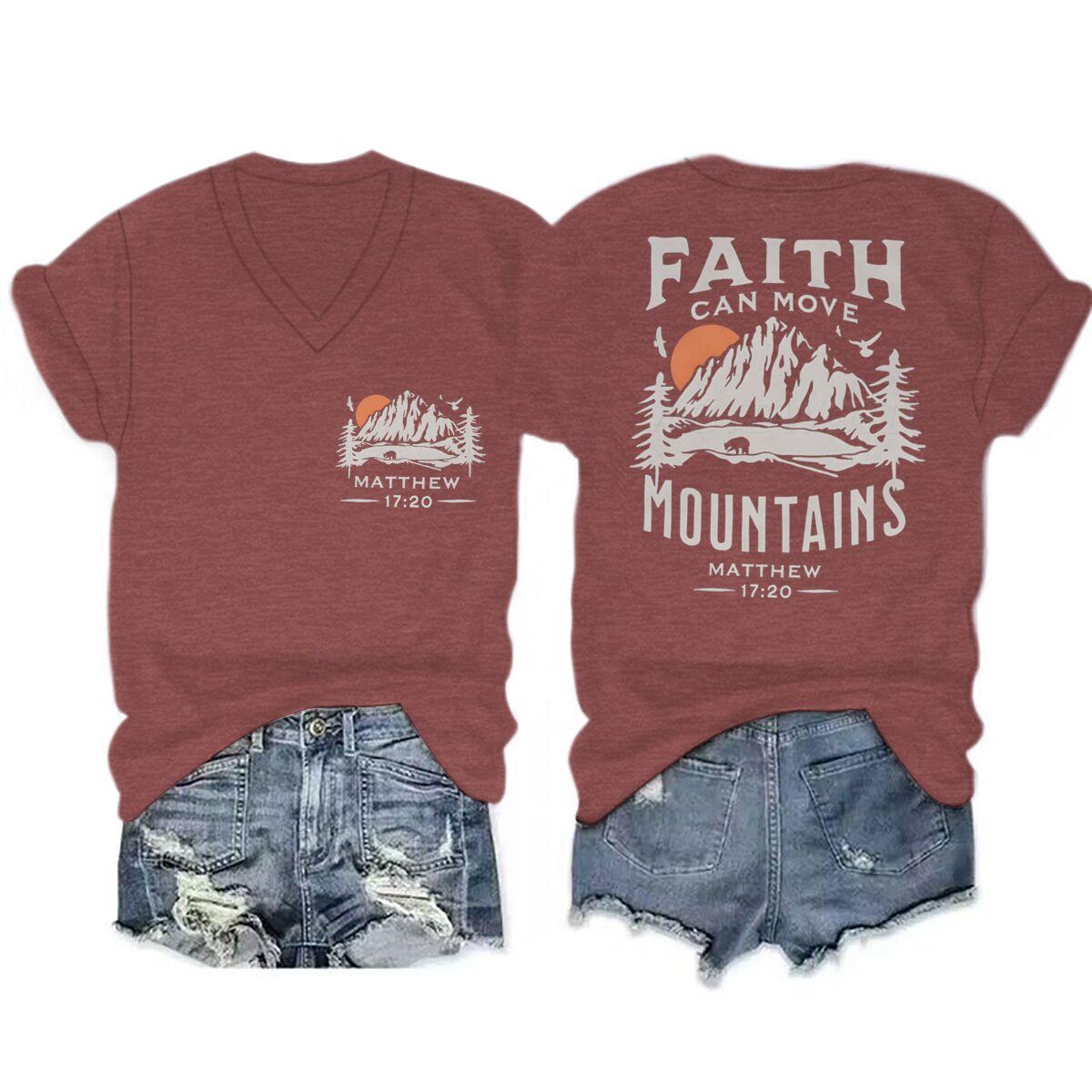 Faith Can Move Mountains Graphic Tee Top Jesus Religious Faith Based Vneck TShirt Women Bible Verse Print Clothes S