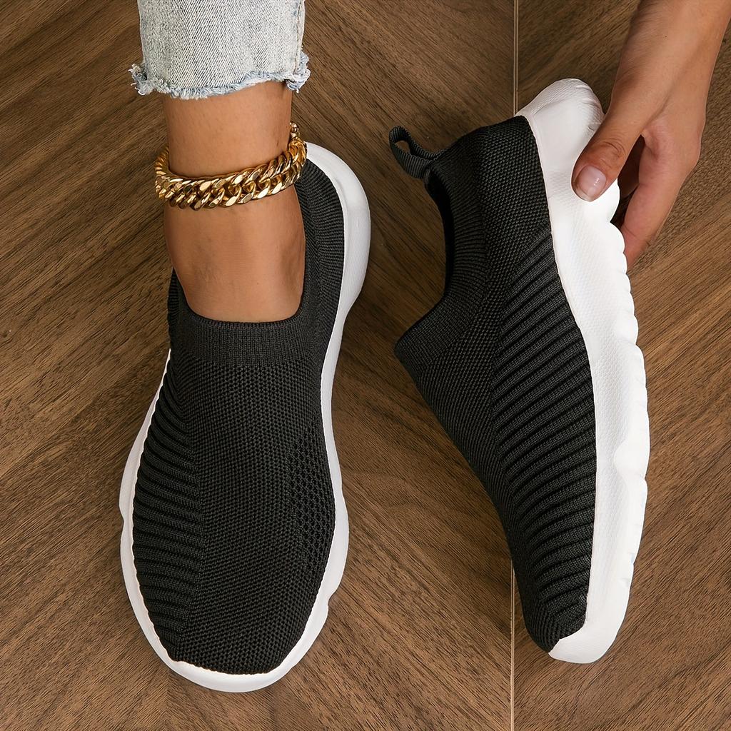 Women's Breathable Knit Sneakers, Casual Slip On Outdoor Shoes, Lightweight Low Top Trainers Plus Size