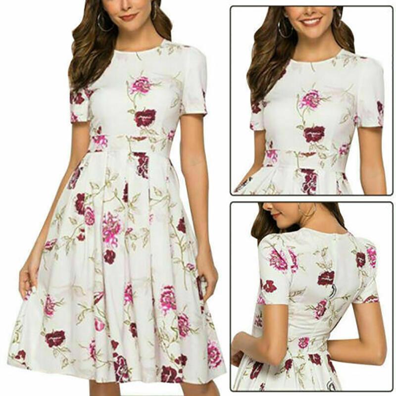 Summer Women Vintage A-line Dress Tunic With Long And Short Sleeve Floral Print