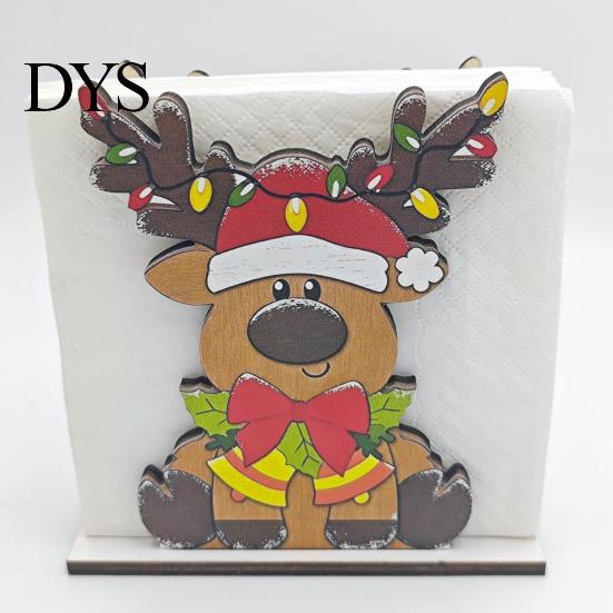 Christmas Gift for Family Napkin Holder Table, Wooden Santa Snowman Reindeer Tree Cocktail Vertical Tissue Dispenser Winter Holiday Parties, Farmhouse