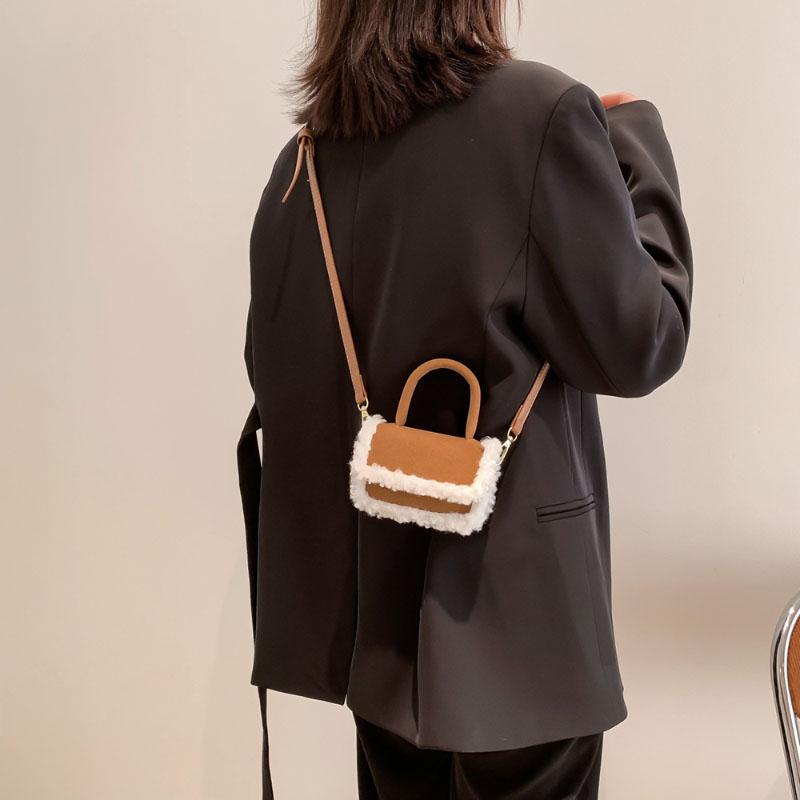 Mini Geantă Crossbody cu Aplicare Lână de Miel, Modă Coreeană, Suedeză Faux, Portabilă, Mică, Pătrată, Toamnă Iarnă, Femei, Nouă Textură, Geantă de Mână