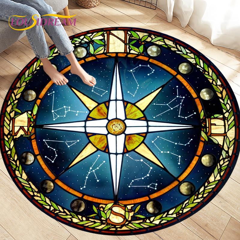 Compass Round Area Rug,Retro British Navy New World Discovery Rug,Carpets for Living Room Bedroom,Kids Play Non-slip Floor Mats