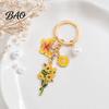 Keychain Pendant with Round Imitation Pearls, Flower Butterfly Enamel Charm Multi-color Key Ring, Pastoral Style Layered Holder Strong Chain Keyring
