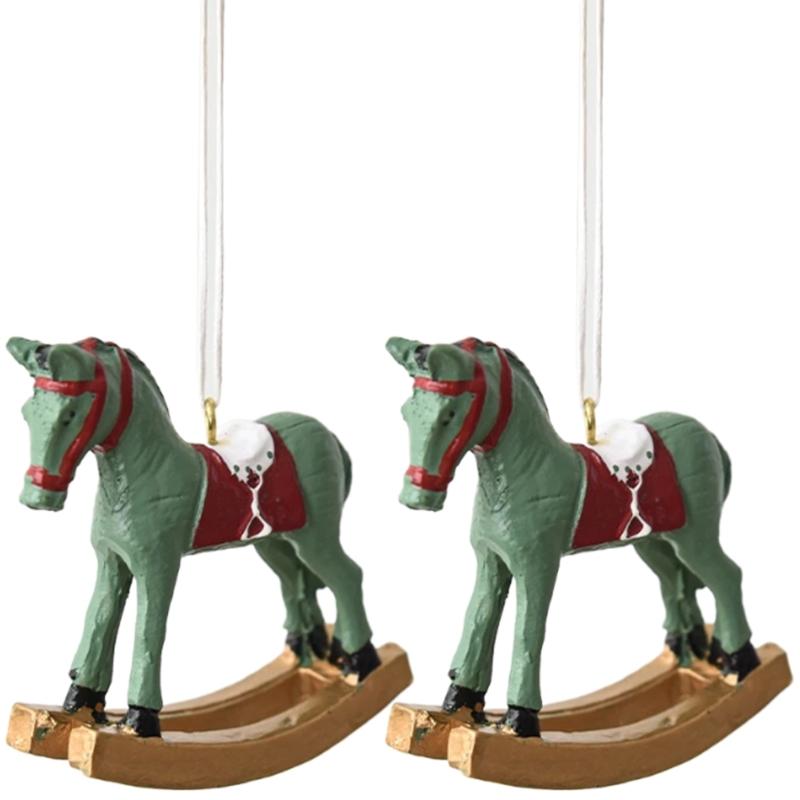 2Pcs Christmas Tree Hanging Ornament Resin Horse Figurine Hanging Decorations For Mantels Tabletop Holiday Decoration