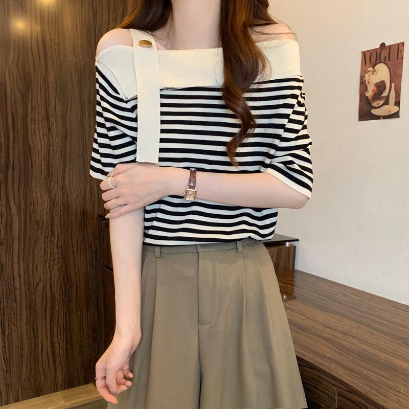2026 Plus Size Women s One-Shoulder Ice Silk Striped Summer Top 3XL абрикосовый