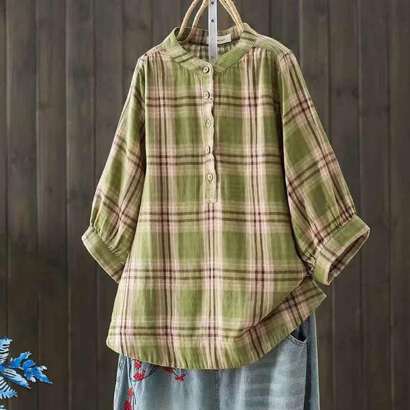 

Художественная клетчатая блузка с рукавами «летучая мышь», двухслойная хлопковая пряжа, рубашка со средним рукавом для женщин, рубашка из мягкого хлопка с рукавом пять четвертей One Size