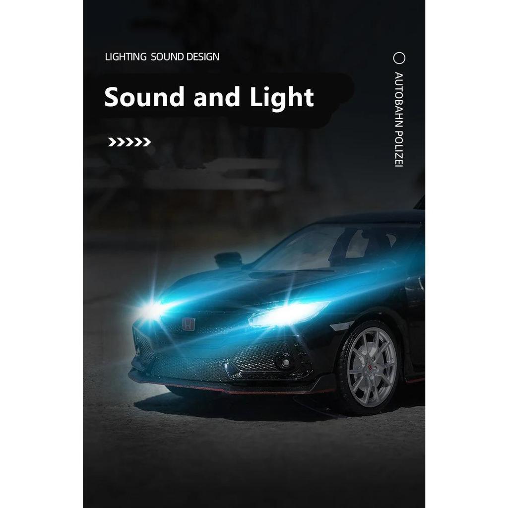 1/24 HONDA CIVIC TYPE R Alloy Sports Car Model Diecast & Toy Vehicle Metal Racing Car Model Sound and Light Collection Kids Gift