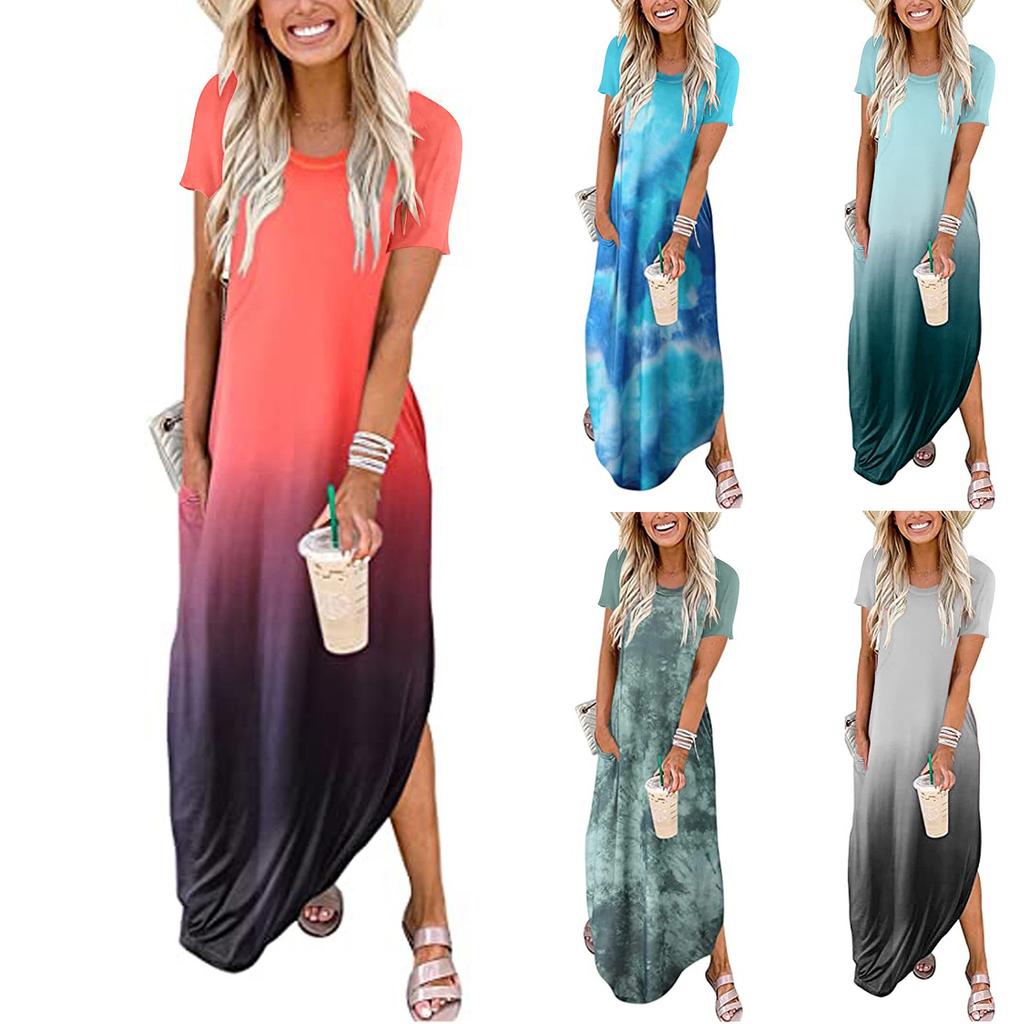 Women Casual Gradient Colours Pocket Long Dress Short Sleeves Split Maxi Dresses