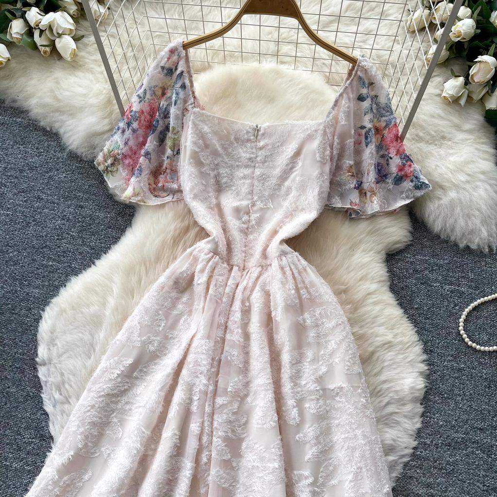 Vestido de Verano Cuadrado de Gasa Bordada Estampada de Alta Calidad para Mujer Moda Vacaciones Manga Volante Adelgazante Midi