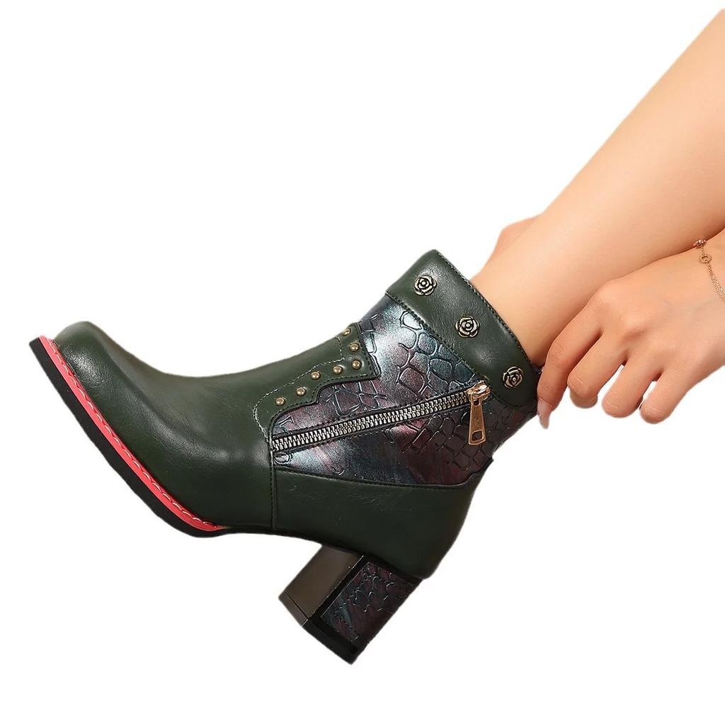 Damen Casual Lederstiefel im Ethno-Stil 2024 Winter Retro Splicing Blockabsatz Damenschuhe Hochhackig Kurz Mode Botas