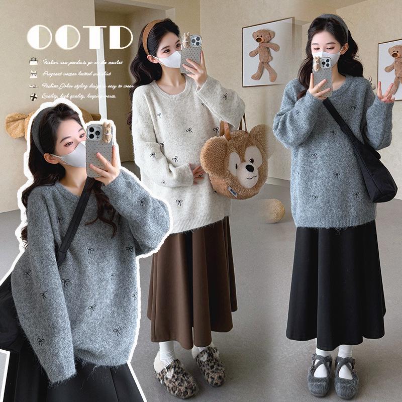 Autumn/Winter 2025 Embroidered Knit Maternity Sweater & Skirt Set - Korean Style 2XL