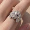 Cute Kitten Puppy Head Ring With Bow & Sparkly Stones Unique Animal Jewelry For Women Perfect Gift For Cat Dog Lovers