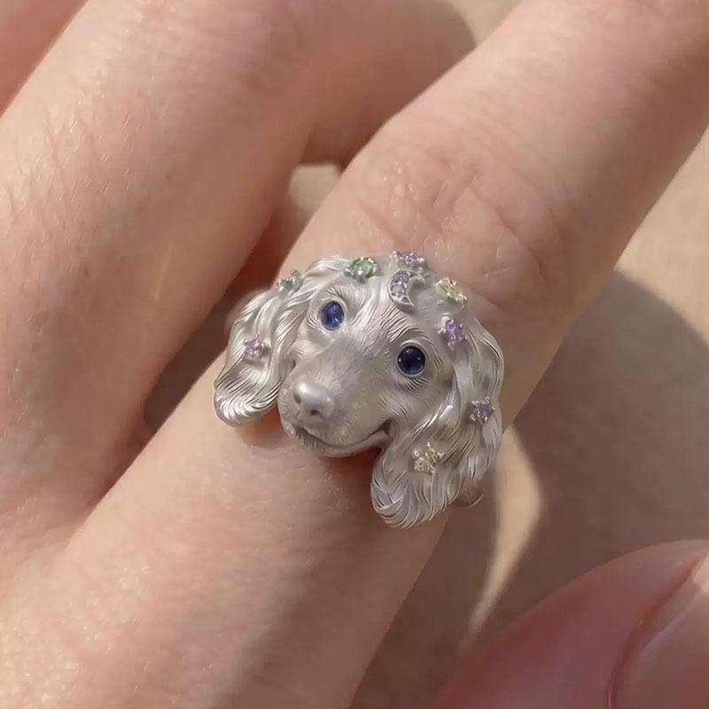 Cute Kitten Puppy Head Ring With Bow & Sparkly Stones Unique Animal Jewelry For Women Perfect Gift For Cat Dog Lovers