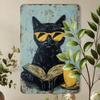 Vintage Metal Poster Cat with Glasses Book Wall Decor