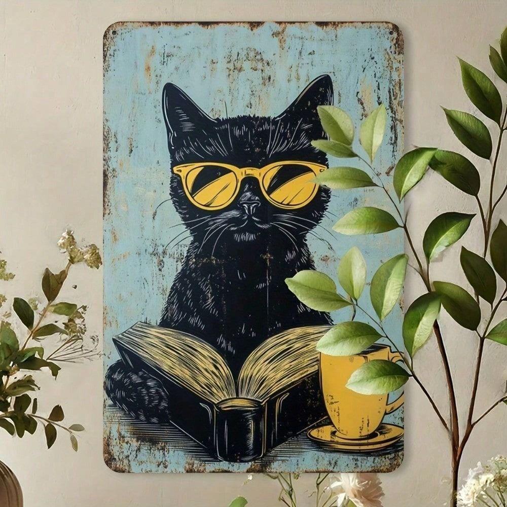 Vintage Metal Poster Cat with Glasses Book Wall Decor