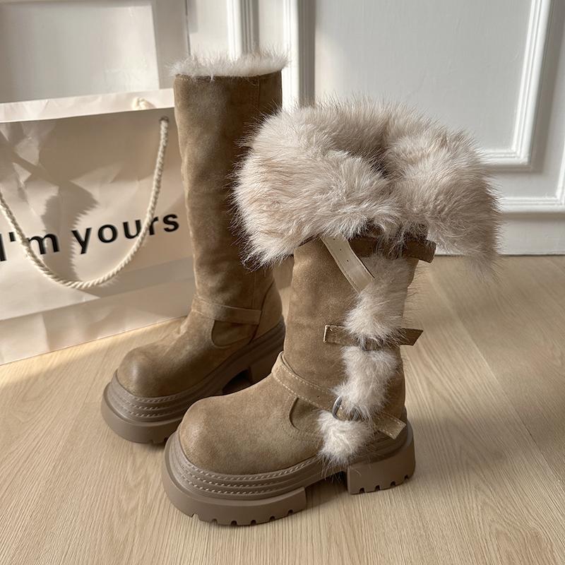 Winter Plateau Dicker Boden Pelzfutter Damen Ritter Hohe Stiefel Modische Gürtelschnalle Stripper Party Schuhe Damen Lange Stiefeletten