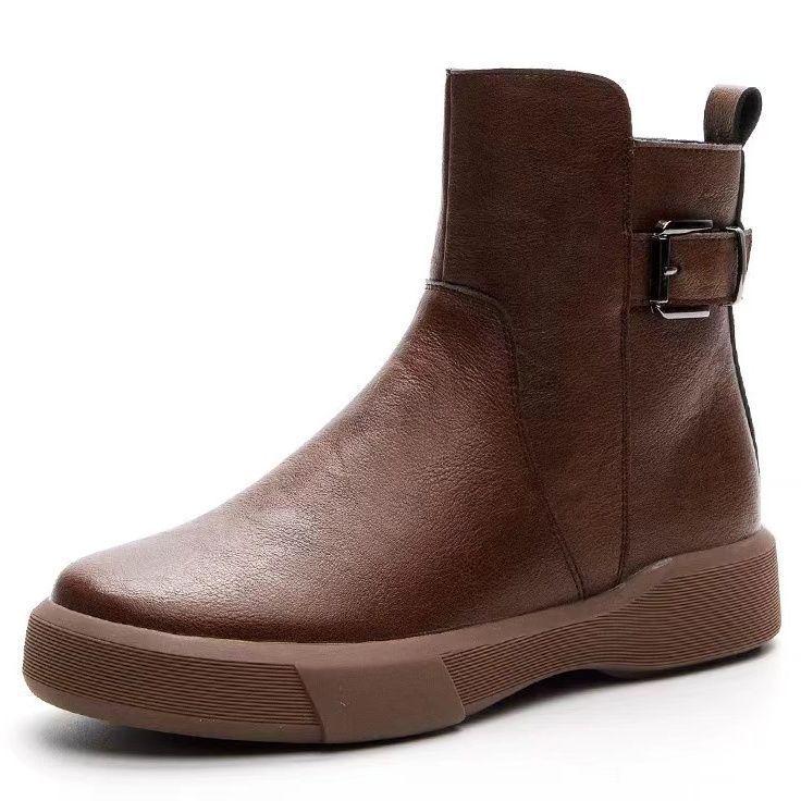 Dámské kotníkové boty v britském stylu z měkké kůže - Hřejivá sametová podšívka pro podzim a zimu