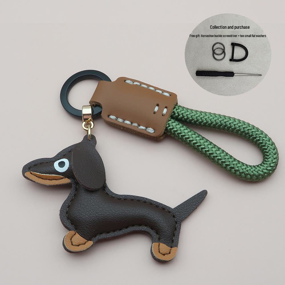 Mini Dachshund Cowhide Keychain: High-Quality Anti-Lost Lanyard with Cute Doll Pendant