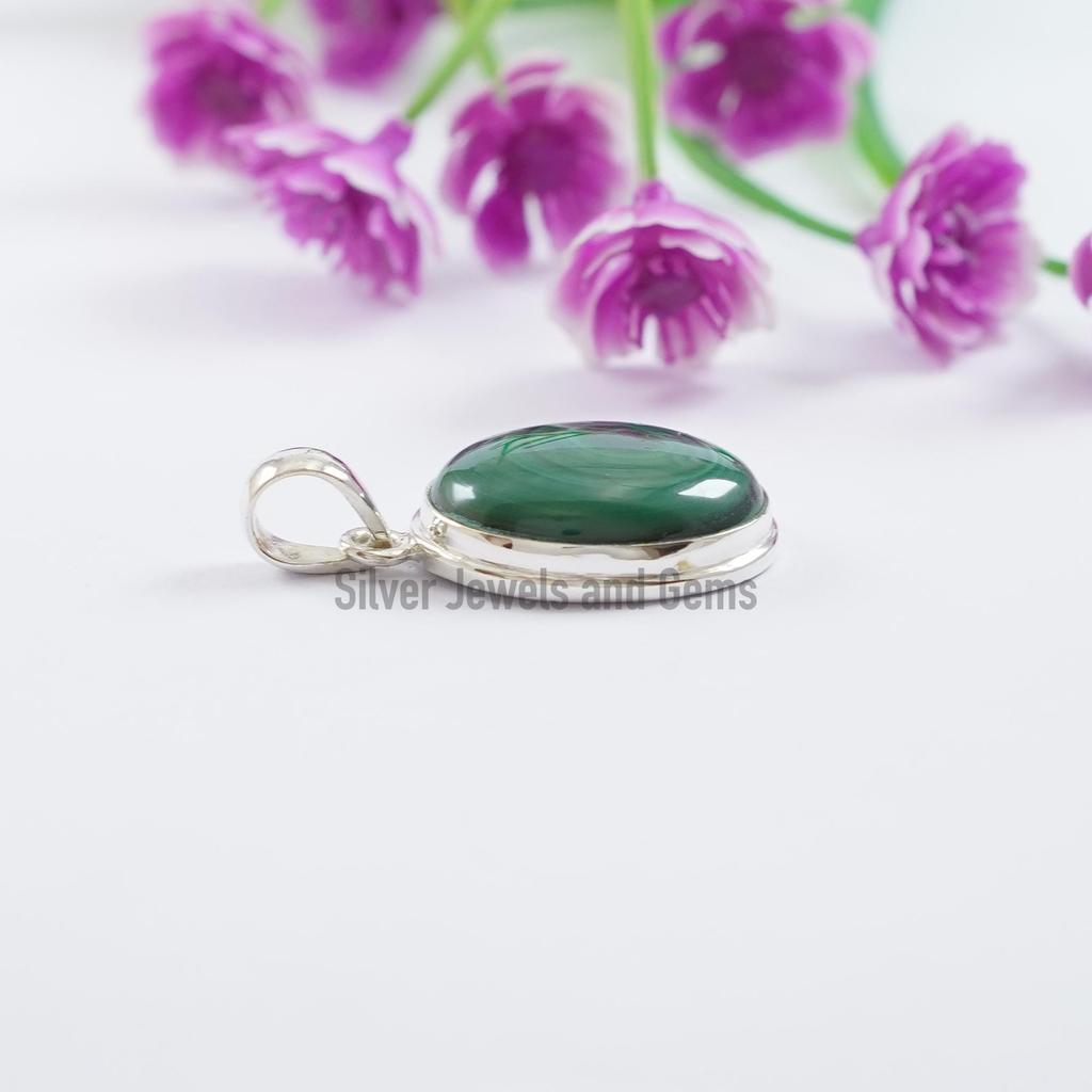 Handmade Oval Malachite 925 Sterling Silver Pendant, Scorpio Birthstone