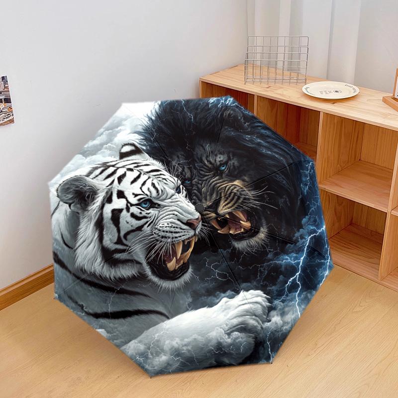 1 PC Automatic Folding Umbrella - Yin Yang Tiger Lion Pattern, Portable & Foldable Design with 8 Ribs, Christmas Birthday Gifts