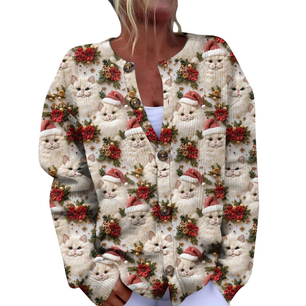 Women's Fashion Christmas Printed Long Sleeve Knitted Cardigan Button Down Jacket