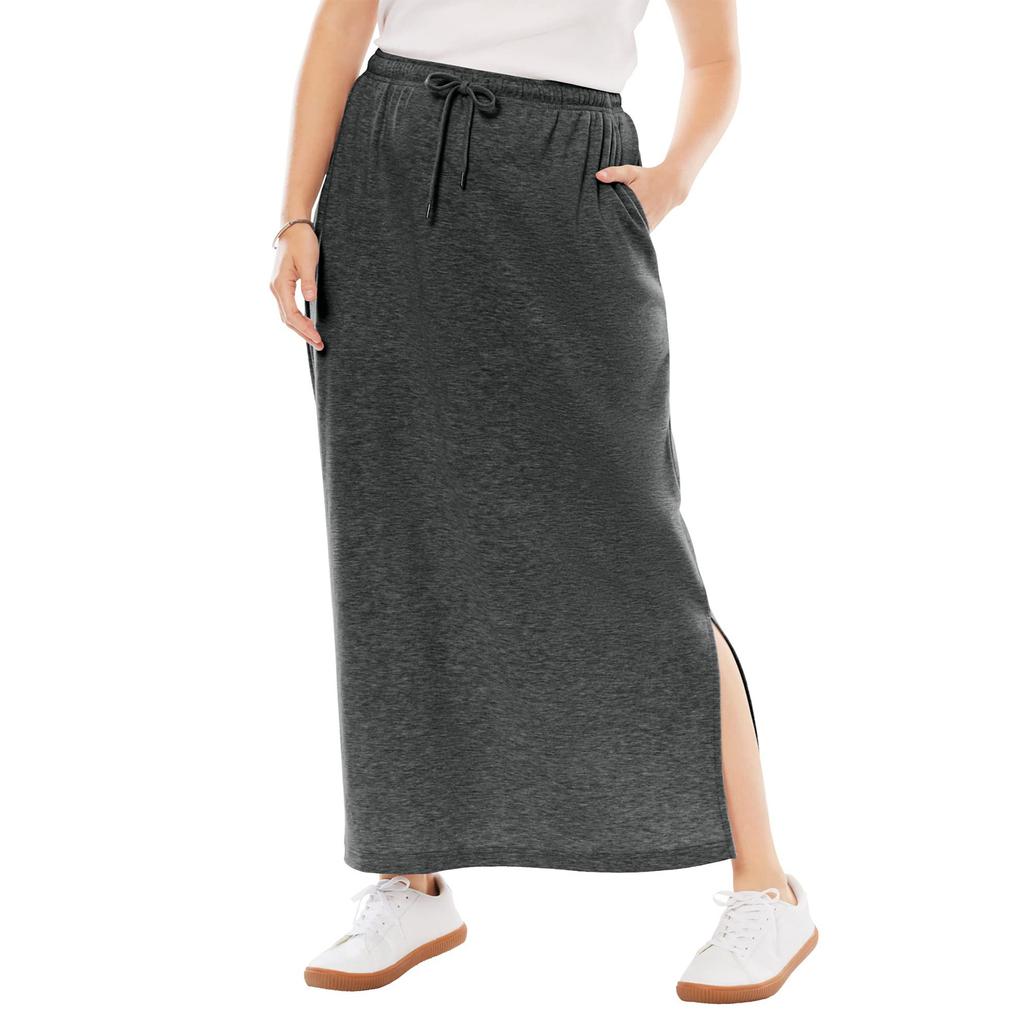 Womens Casual Maxi Skirts High Waist Trendy Drawstring Side Slit Skirts With Pockets