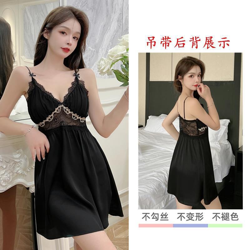 

Женская летняя пижама с чашечками и бретелями, ледяной шелк, новый стиль года, сексуальное горячее платье в стиле чистой страсти 160(M) чёрный
