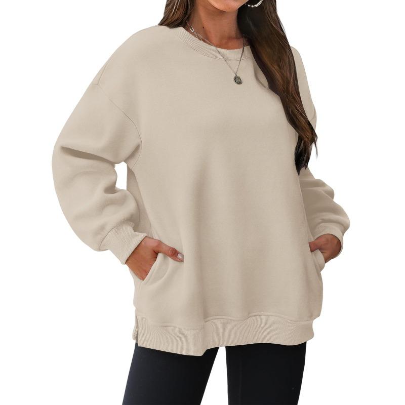 Fleece thickened pocket sweater women, loose round neck clothes in autumn and winter