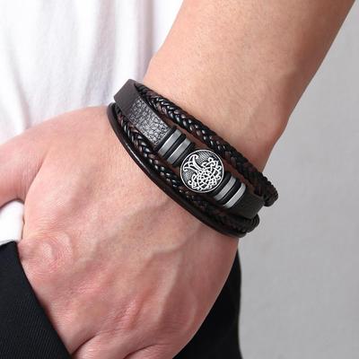 Hot-Selling Men's Multi-Layer PU Leather Woven Bracelet with Wishing Tree Charm