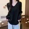 Lockerer Strickpullover für Damen im Herbst und Winter mit einfarbigem, schlichtem Oberteil mit V-Ausschnitt