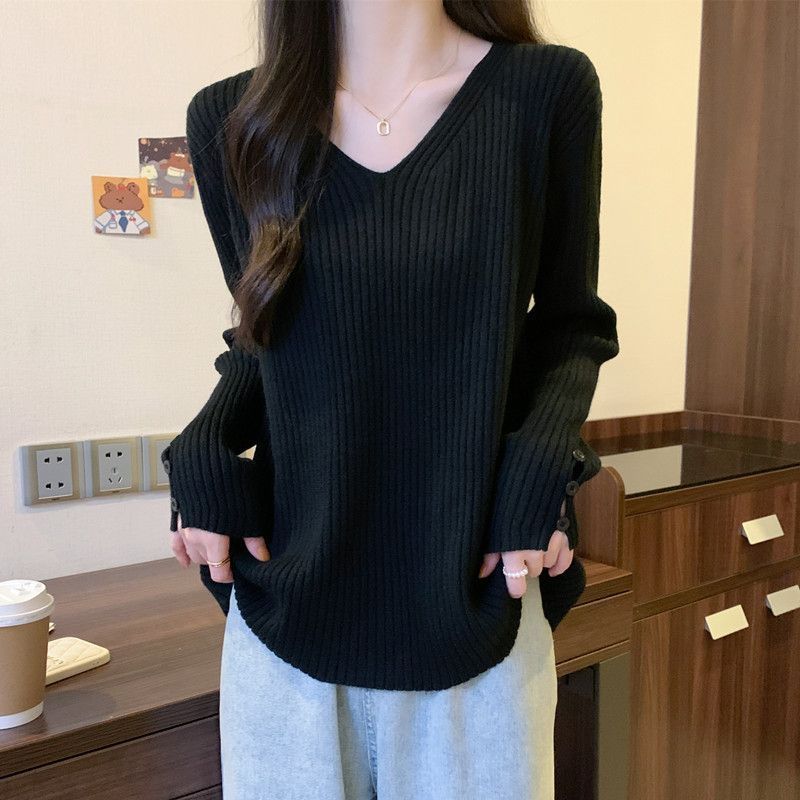 Pulover de damă de toamnă și iarnă din tricot largi, cu decolteu în V de culoare uni, top simplu