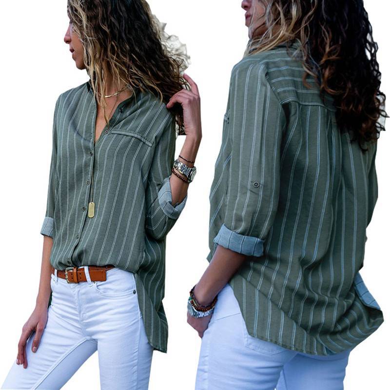Women Autumn Striped Floral Long Sleeve Button V Neck T Shirt For Casual Chic