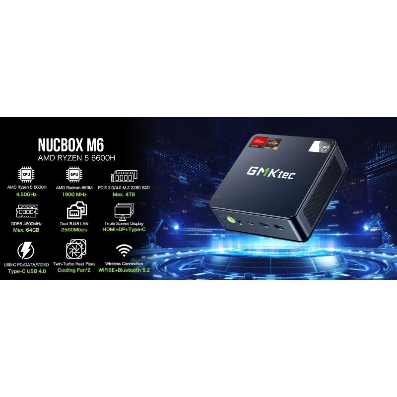GMKtec M6 Mini-PC AMD R5 6600H 6-Kern 12-Thread 16GB DDR5 512GB PCIe 3.0 SSD WiFi 6 BT5.2 Desktop-Computer