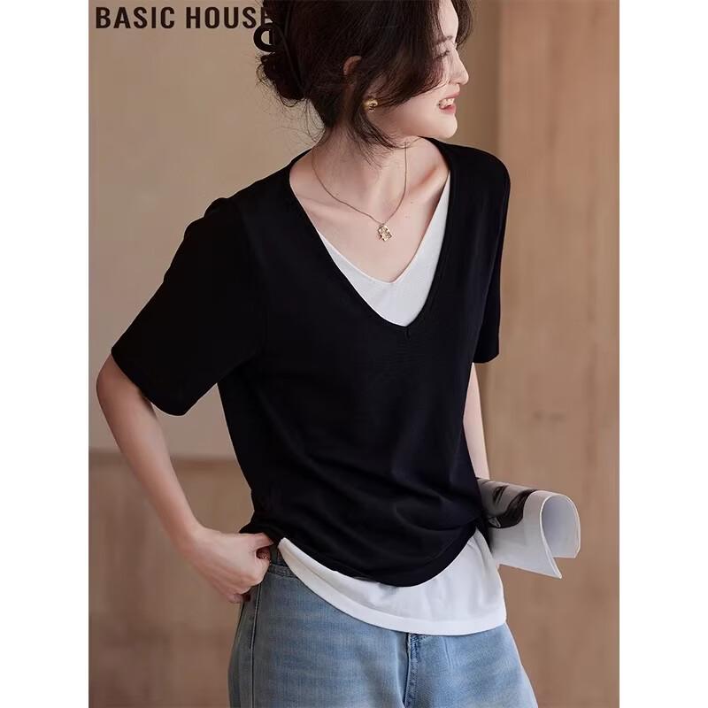 Basic House Women s Faux Two-Piece Knit V-Neck T-Shirt L