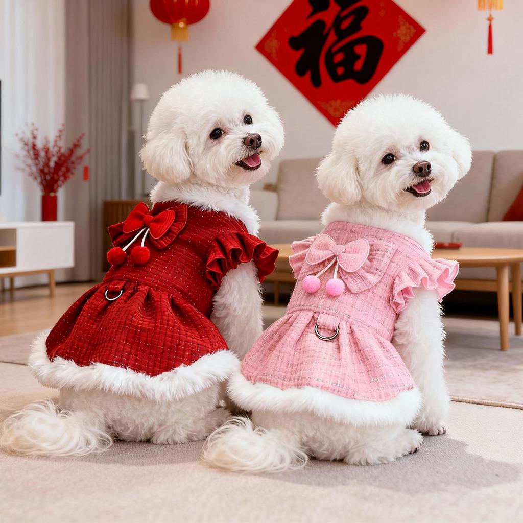 2026 New Outfit for Small Dogs Tweed Dog Dress with Bow & Pom-pom Decor, Ruffled Sleeves & Leash Ring, Elegant Daily