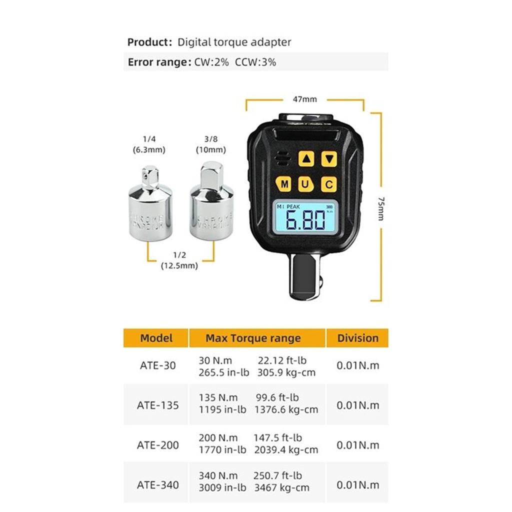 ABVS Digital Torque Adapter 17-340N.M Adjustable 1/2 Electronic Torque Wrench Bicycle Car Motorcycle Repair Tools