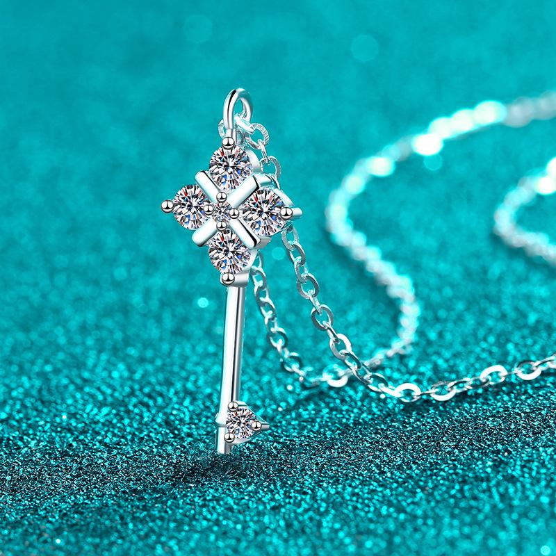 S925 Sterling Silver Key Pendant Necklace with Moissanite: Elegant, Simple, Trendy Everyday Jewelry for Women