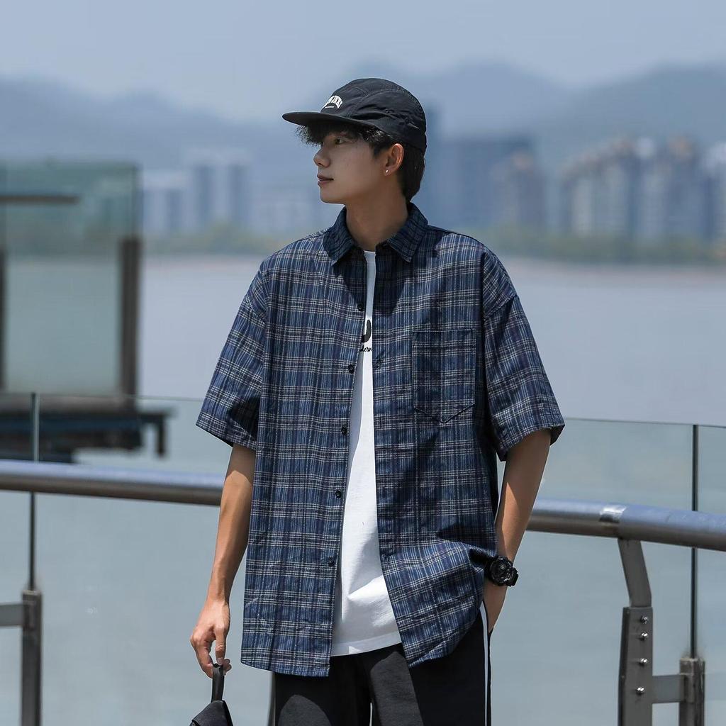 Men's Trendy Hong Kong Style Loose Five-Sleeve Casual Short-Sleeve Shirt